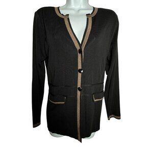Exclusively Misook Womens black cardigan sweater jacket size small brown trim